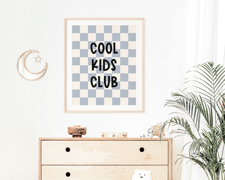 Cool Kids Club Instant Download Digital File featuring fun kids lettering in black on a muted pastel blue and off white checkered background. Perfect for Baby Boy Nursery Decor, Toddler Boys Bedroom Decor or Little Kids Playroom Wall Art.