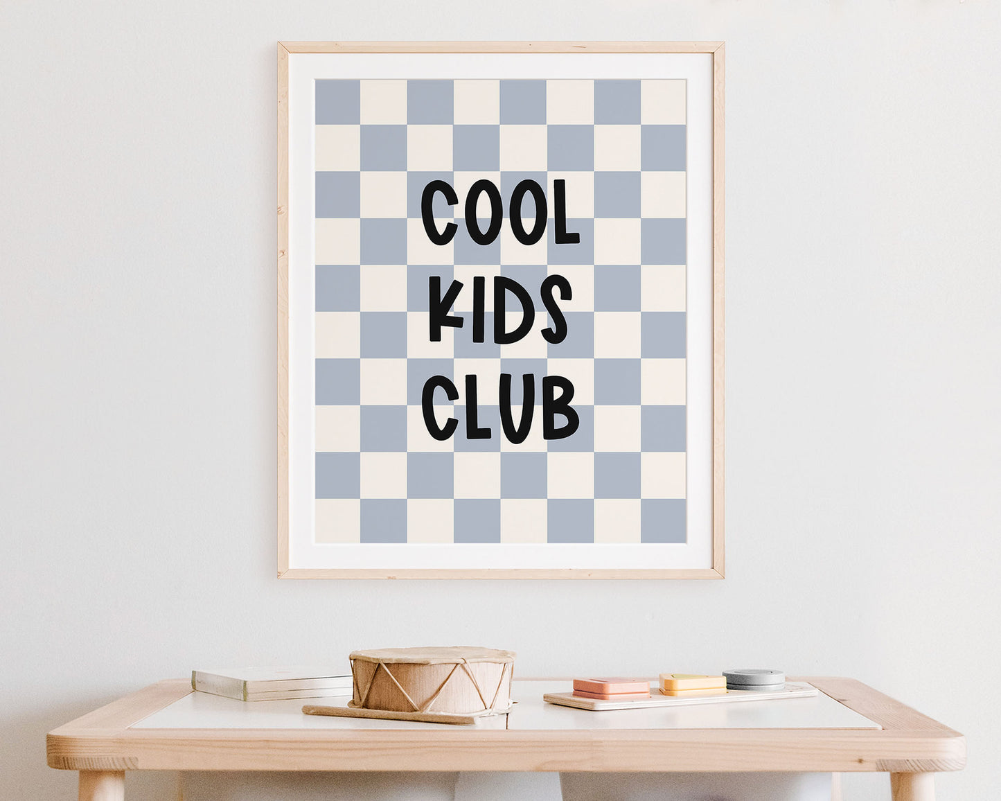 Cool Kids Club Instant Download Digital File featuring fun kids lettering in black on a muted pastel blue and off white checkered background. Perfect for Baby Boy Nursery Decor, Toddler Boys Bedroom Decor or Little Kids Playroom Wall Art.
