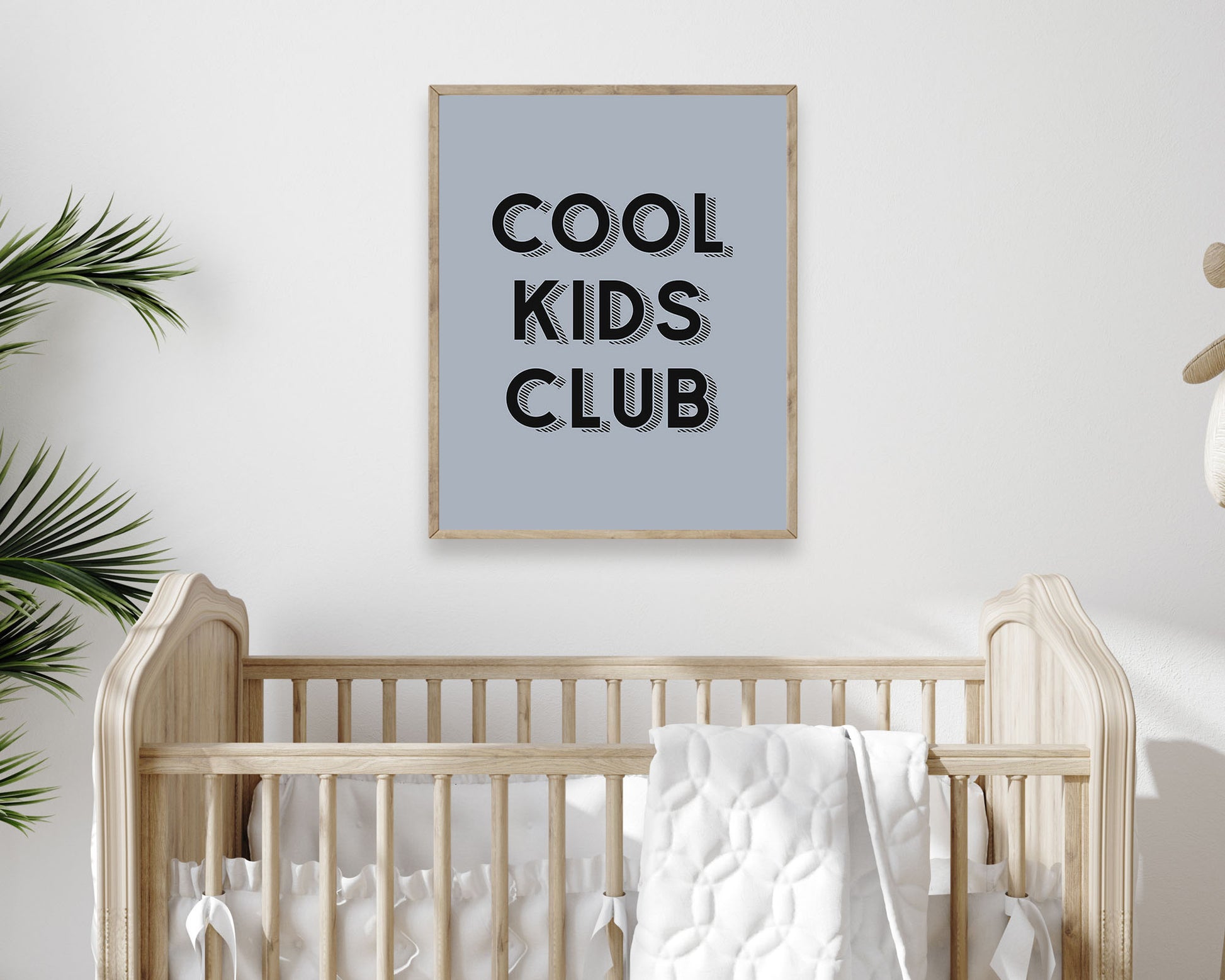 Cool Kids Club Instant Download Digital File featuring retro block shadowed lettering in black on a muted pastel blue background. Perfect for Baby Boy Nursery Decor, Toddler Boys Bedroom Decor or Little Kids Playroom Wall Art.