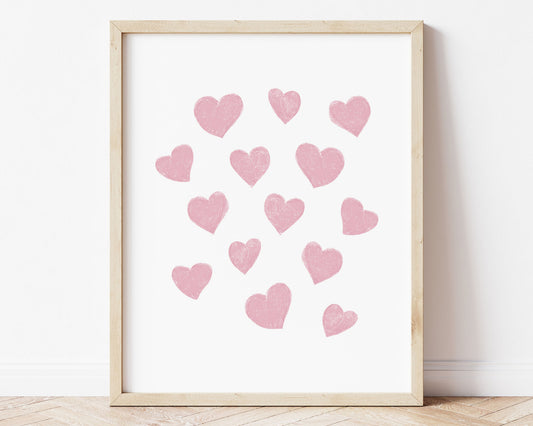 Pink small scattered hearts in chalky brushstroke illlustration style perfect for Baby Nursery Décor, Little Boys Bedroom Wall Art, Toddler Girls Room Wall Hangings, Kiddos Bathroom Wall Art and Childrens Playroom Décor.