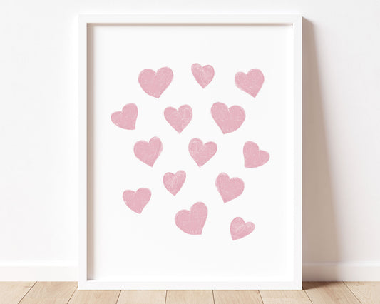 Pink small scattered hearts in chalky brushstroke illlustration style perfect for Baby Nursery Décor, Little Boys Bedroom Wall Art, Toddler Girls Room Wall Hangings, Kiddos Bathroom Wall Art and Childrens Playroom Décor.