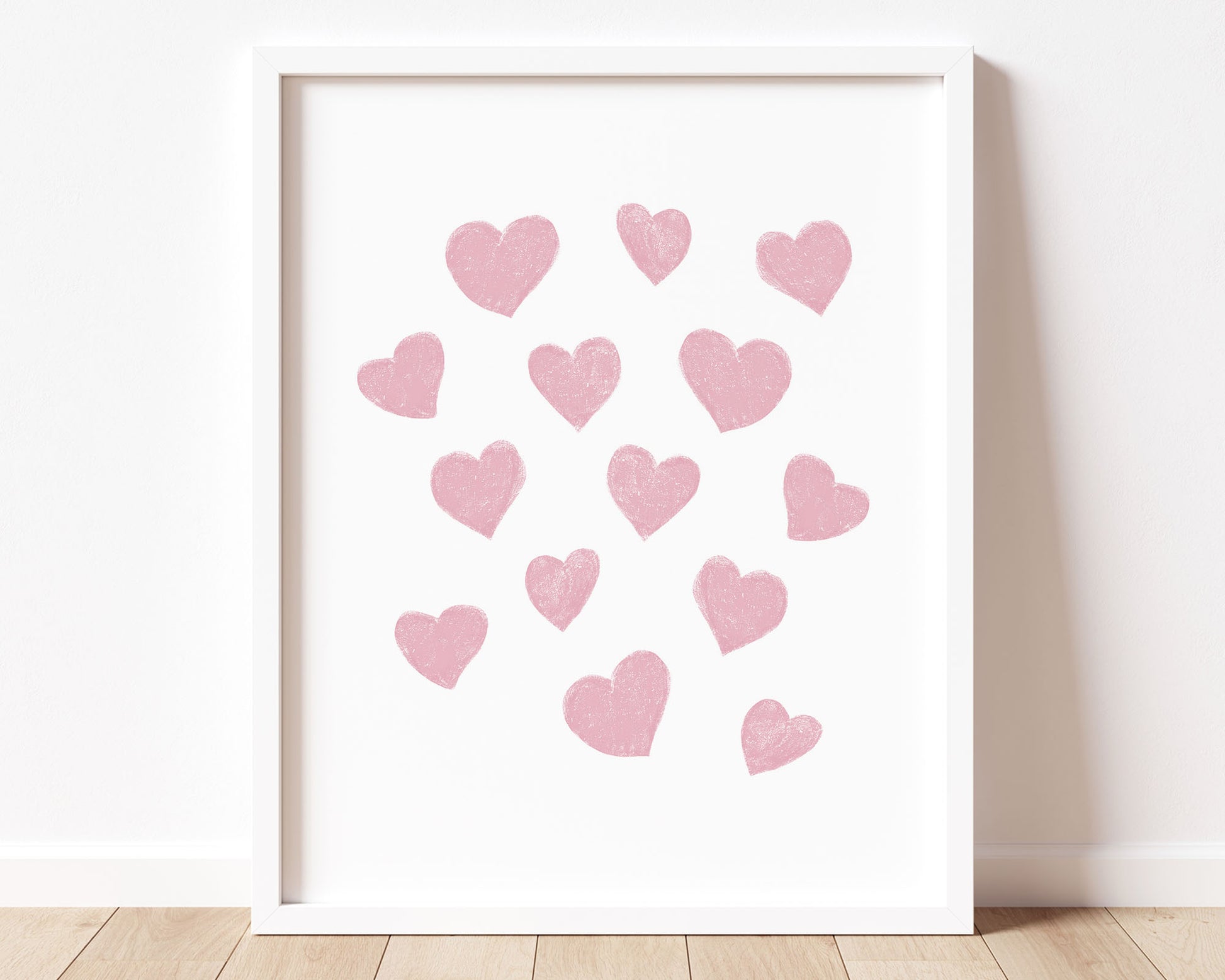 Pink small scattered hearts in chalky brushstroke illlustration style perfect for Baby Nursery Décor, Little Boys Bedroom Wall Art, Toddler Girls Room Wall Hangings, Kiddos Bathroom Wall Art and Childrens Playroom Décor.