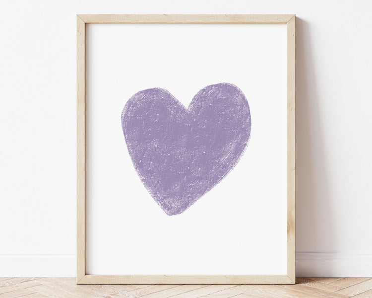 Purple heart in chalky brushstroke illlustration style perfect for Baby Nursery Décor, Little Boys Bedroom Wall Art, Toddler Girls Room Wall Hangings, Kiddos Bathroom Wall Art and Childrens Playroom Décor.