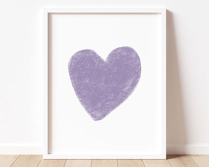 Purple heart in chalky brushstroke illlustration style perfect for Baby Nursery Décor, Little Boys Bedroom Wall Art, Toddler Girls Room Wall Hangings, Kiddos Bathroom Wall Art and Childrens Playroom Décor.