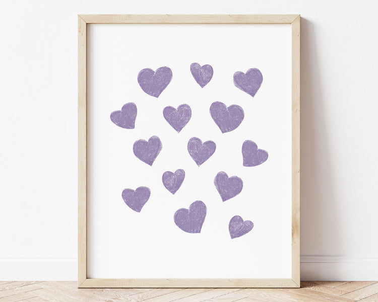 Purple small scattered hearts in chalky brushstroke illlustration style perfect for Baby Nursery Décor, Little Boys Bedroom Wall Art, Toddler Girls Room Wall Hangings, Kiddos Bathroom Wall Art and Childrens Playroom Décor.