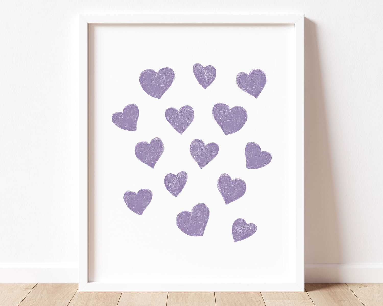 Purple small scattered hearts in chalky brushstroke illlustration style perfect for Baby Nursery Décor, Little Boys Bedroom Wall Art, Toddler Girls Room Wall Hangings, Kiddos Bathroom Wall Art and Childrens Playroom Décor.