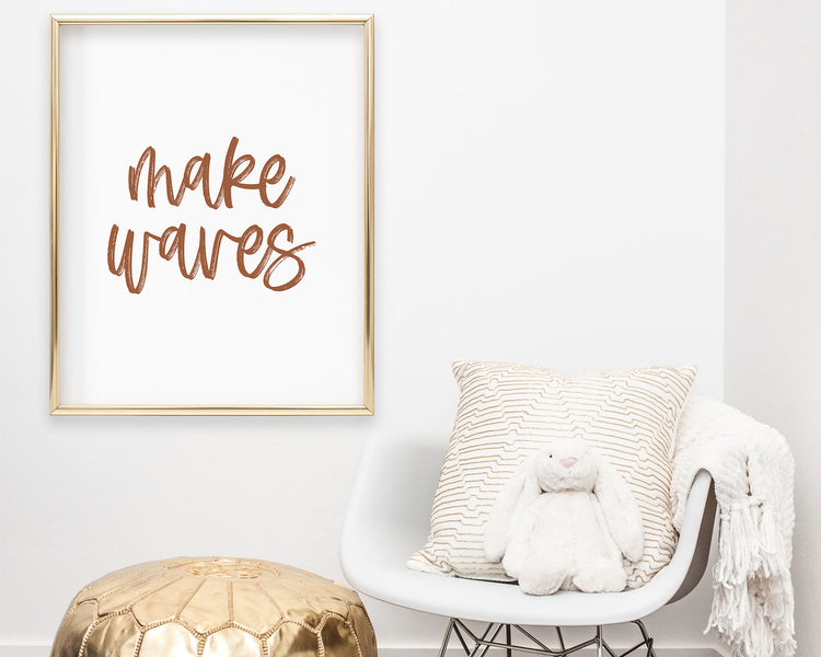 Earth Tone Make Waves Printable Wall Art featuring a textured brush style cursive lettered quote in a rusty clay color perfect for Baby Boy Nautical Nursery Decor, Baby Girl Surf Nursery Wall Art, Nautical Kids Bedroom Decor or Children's Coastal Bathroom Wall Art.