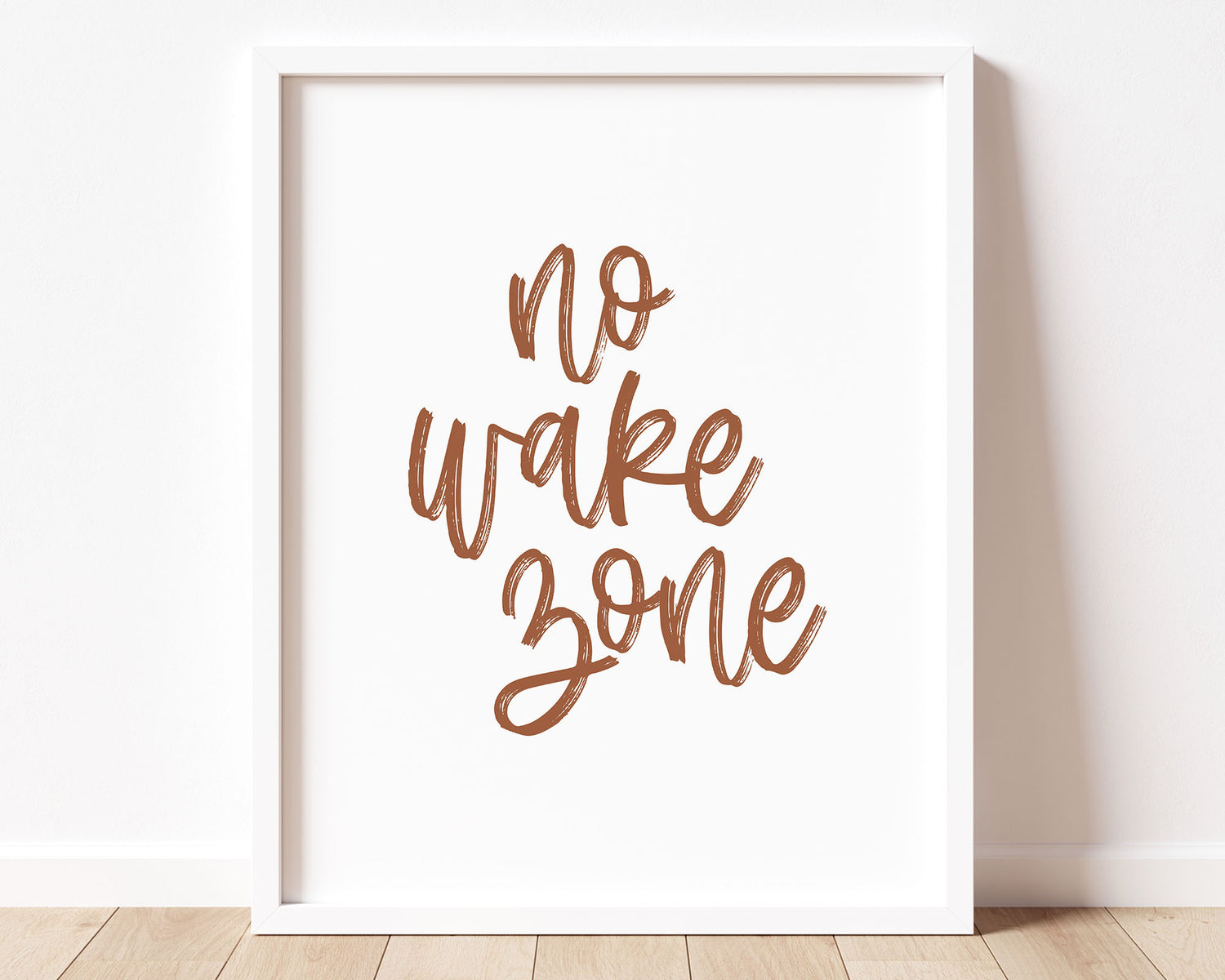 Rust Clay Terracotta earth tone colored No Wake Zone Printable Wall Art featuring a textured brush style cursive lettered quote perfect for Baby Boy Nautical Nursery Decor, Baby Girl Surf Nursery Wall Art, Nautical Kids Bedroom Decor or Children's Coastal Wall Art.