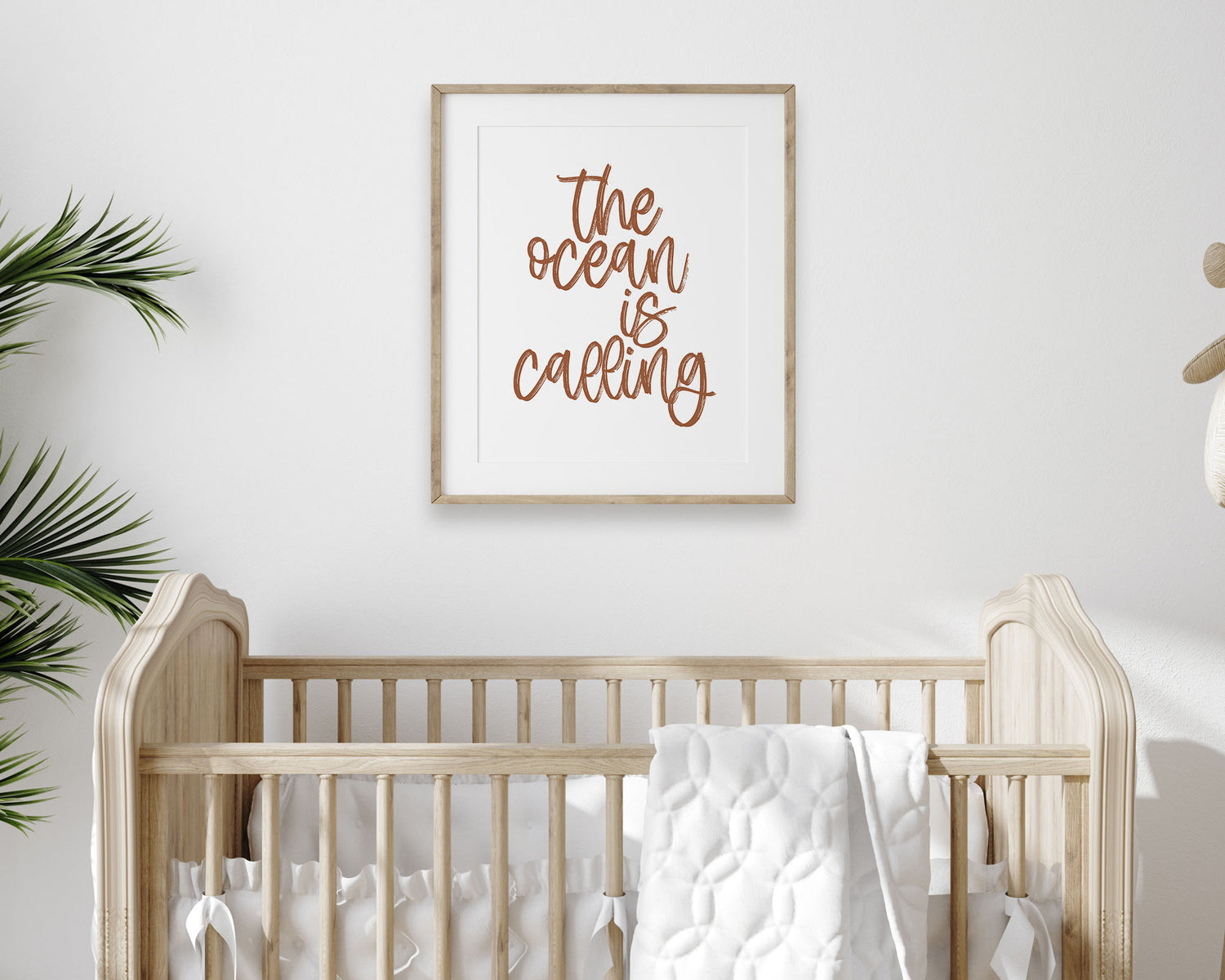 Rust Clay Terracotta earth tone colored The Ocean Is Calling Printable Wall Art featuring a textured brush style cursive lettered quote perfect for Baby Boy Nautical Nursery Decor, Baby Girl Surf Nursery Wall Art, Nautical Kids Bedroom Decor or Children's Coastal Wall Art.