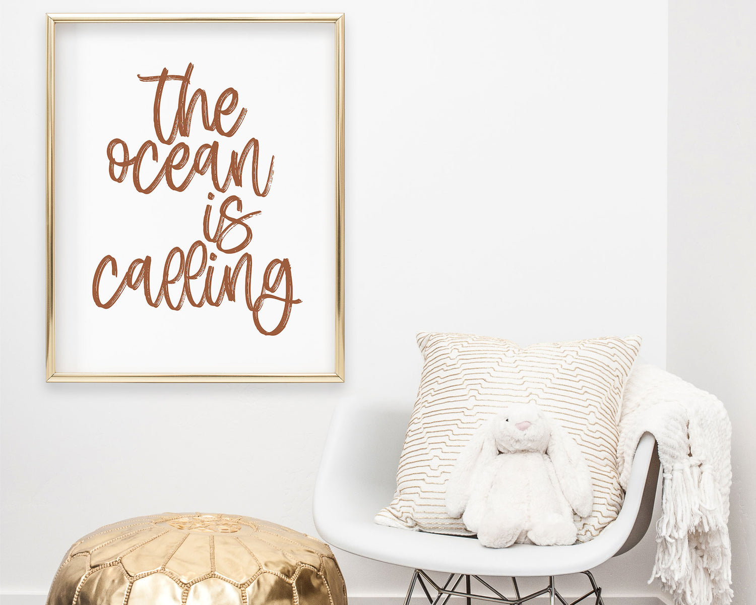 Rust Clay Terracotta earth tone colored The Ocean Is Calling Printable Wall Art featuring a textured brush style cursive lettered quote perfect for Baby Boy Nautical Nursery Decor, Baby Girl Surf Nursery Wall Art, Nautical Kids Bedroom Decor or Children's Coastal Wall Art.