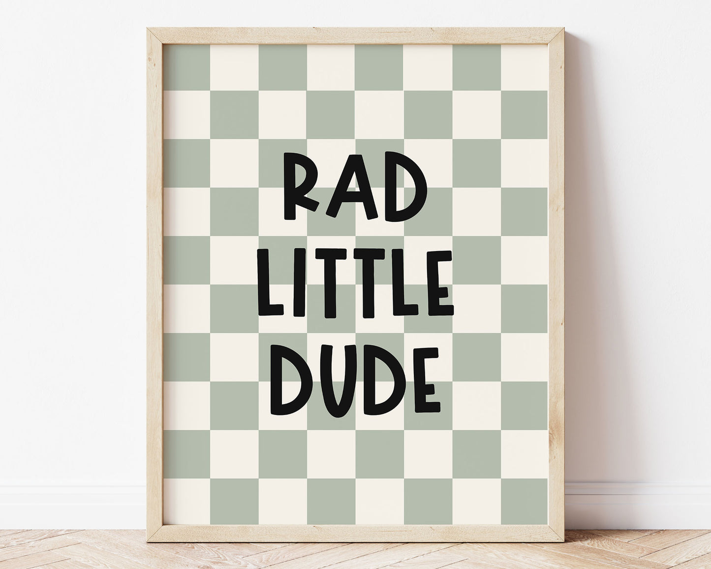 Rad Little Dude Instant Download Digital File featuring fun kids lettering in black on a sage green and off white checkered background. Perfect for Baby Boy Nursery Decor, Toddler Boys Bedroom Decor or Children's Play Room Wall Art.