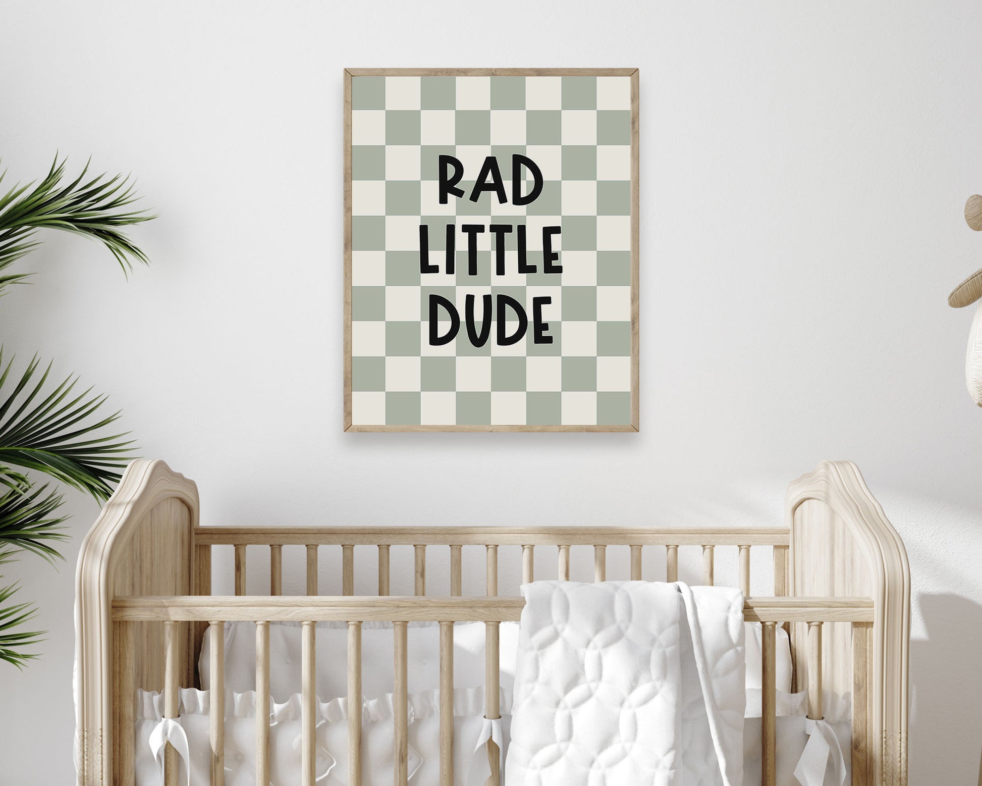 Rad Little Dude Instant Download Digital File featuring fun kids lettering in black on a sage green and off white checkered background. Perfect for Baby Boy Nursery Decor, Toddler Boys Bedroom Decor or Children's Play Room Wall Art.