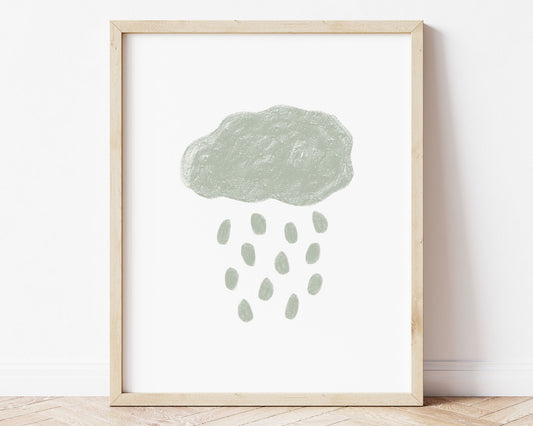 Sage green abstract cloud and rain in chalky brushstroke illlustration style perfect for Baby Nursery Décor, Little Boys Bedroom Wall Art, Toddler Girls Room Wall Hangings, Kiddos Bathroom Wall Art and Childrens Playroom Décor.