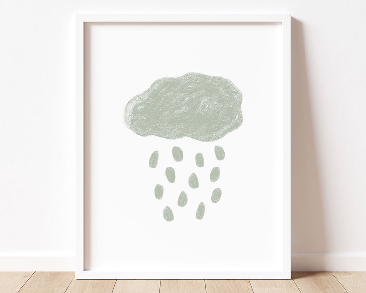 Sage green abstract cloud and rain in chalky brushstroke illlustration style perfect for Baby Nursery Décor, Little Boys Bedroom Wall Art, Toddler Girls Room Wall Hangings, Kiddos Bathroom Wall Art and Childrens Playroom Décor.