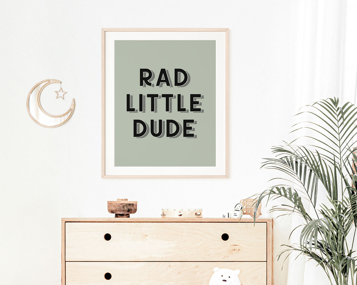 Rad Little Dude Instant Download Digital File featuring retro block shadowed lettering in black on a sage green background. Perfect for Baby Boy Nursery Decor, Toddler Boy Bedroom Decor or Little Boys Playroom Wall Art.