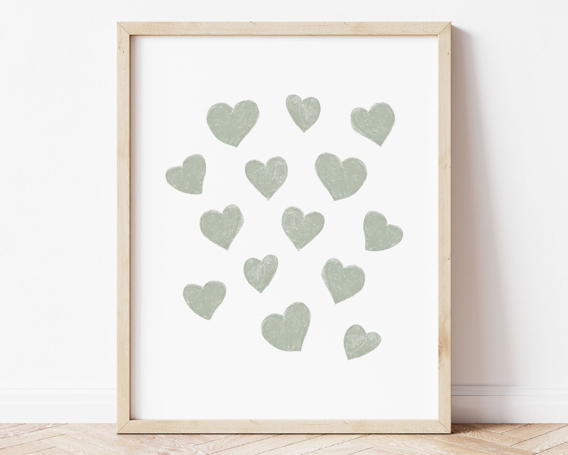 Sage green small scattered hearts in chalky brushstroke illlustration style perfect for Baby Nursery Décor, Little Boys Bedroom Wall Art, Toddler Girls Room Wall Hangings, Kiddos Bathroom Wall Art and Childrens Playroom Décor.