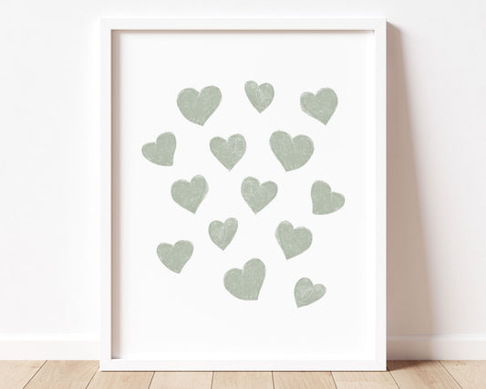 Sage green small scattered hearts in chalky brushstroke illlustration style perfect for Baby Nursery Décor, Little Boys Bedroom Wall Art, Toddler Girls Room Wall Hangings, Kiddos Bathroom Wall Art and Childrens Playroom Décor.