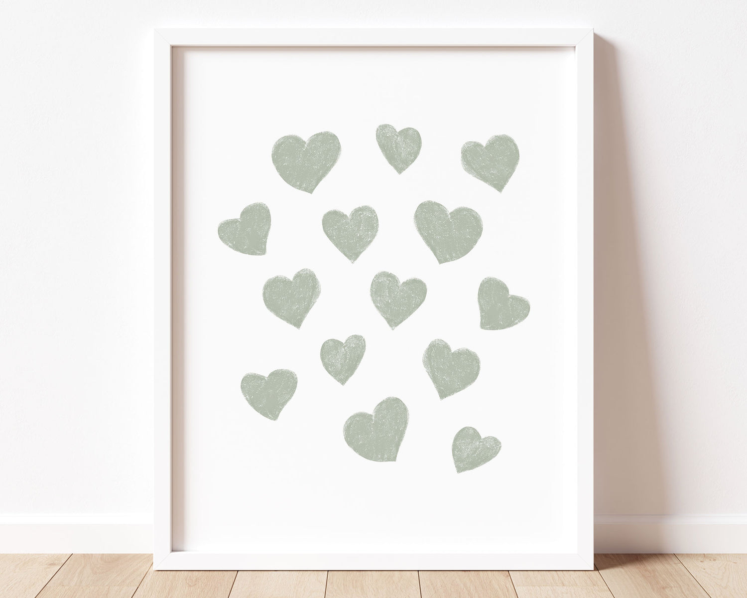 Sage green small scattered hearts in chalky brushstroke illlustration style perfect for Baby Nursery Décor, Little Boys Bedroom Wall Art, Toddler Girls Room Wall Hangings, Kiddos Bathroom Wall Art and Childrens Playroom Décor.