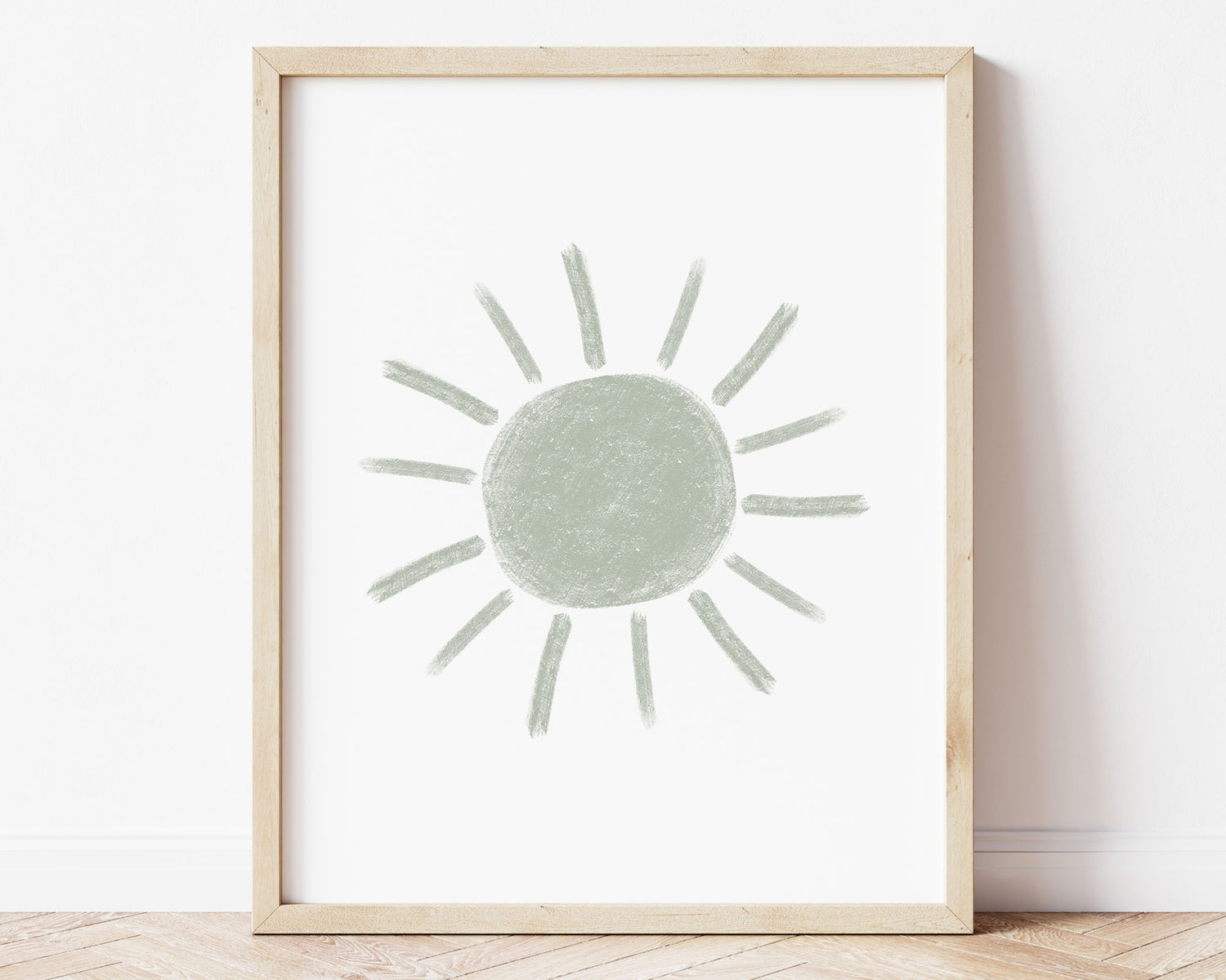 Sage green abstract sun in chalky brushstroke illlustration style perfect for Baby Nursery Décor, Little Boys Bedroom Wall Art, Toddler Girls Room Wall Hangings, Kiddos Bathroom Wall Art and Childrens Playroom Décor.