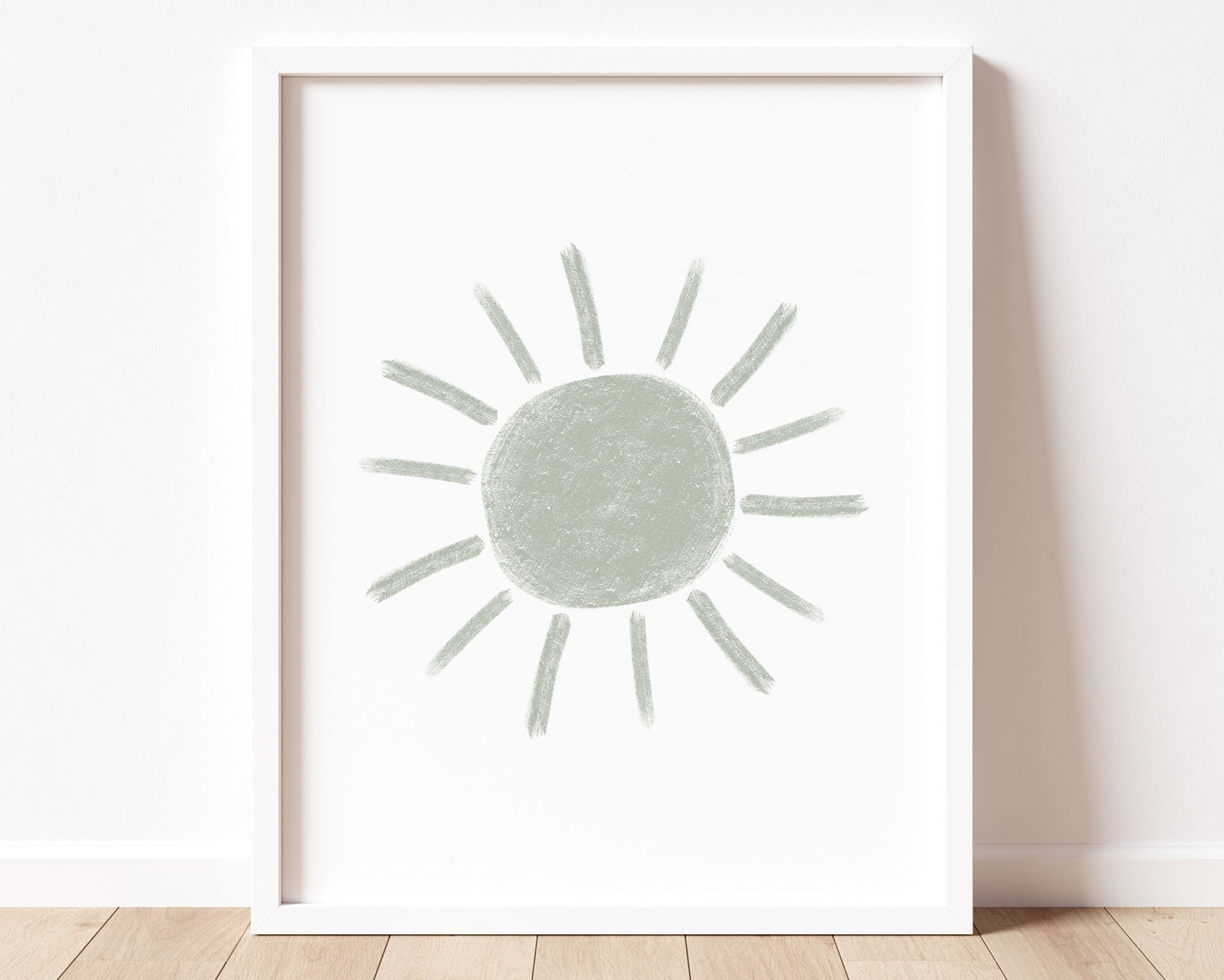 Sage green abstract sun in chalky brushstroke illlustration style perfect for Baby Nursery Décor, Little Boys Bedroom Wall Art, Toddler Girls Room Wall Hangings, Kiddos Bathroom Wall Art and Childrens Playroom Décor.