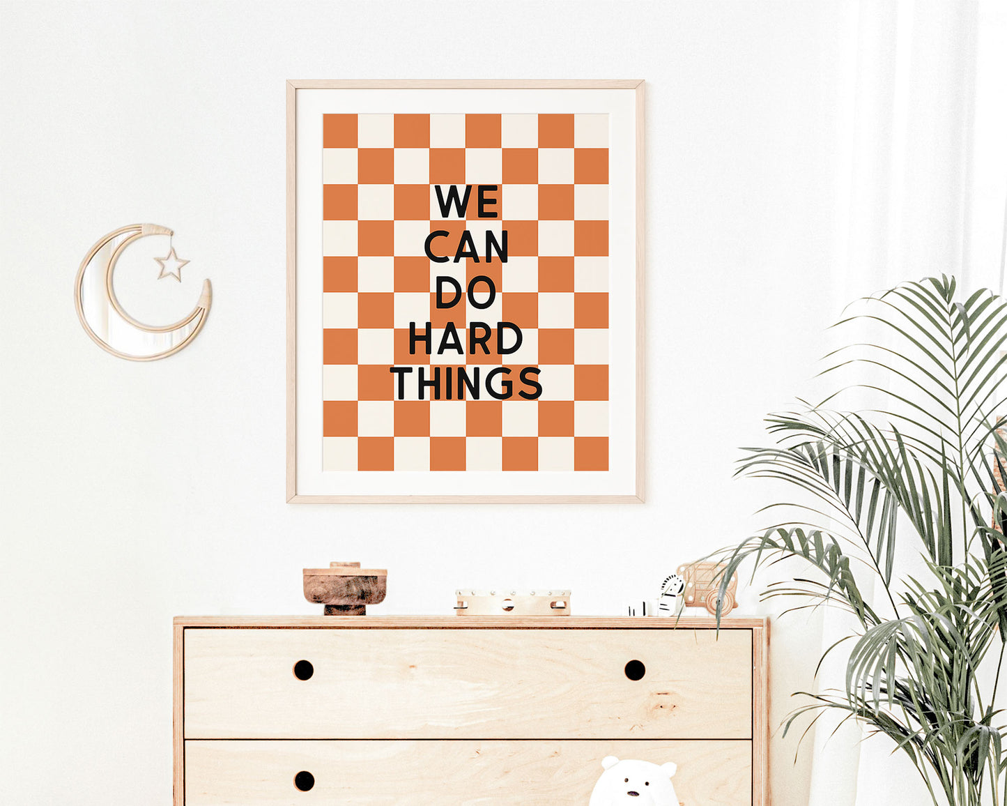 We Can Do Hard Things Instant Download Digital File featuring block lettering in black on an orange and off white checkered background. Perfect for Baby Girls Nursery Decor, Toddler Boys Bedroom Decor or Little Kids Playroom Wall Art.