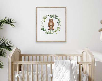 Watercolor Greenery Wreath Bear Printable Wall Art, Digital Download