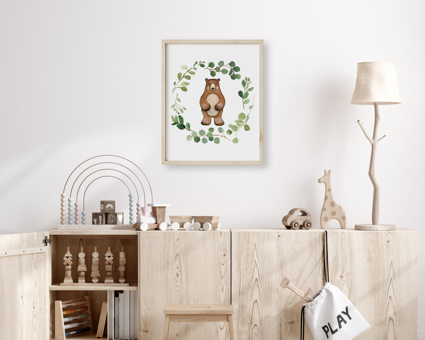 Watercolor Greenery Wreath Bear Printable Wall Art, Digital Download