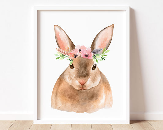 Watercolor Flower Crown Bunny Rabbit Printable Wall Art, Digital Download