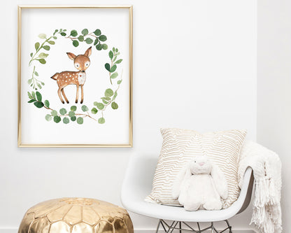Watercolor Greenery Wreath Deer Printable Wall Art, Digital Download