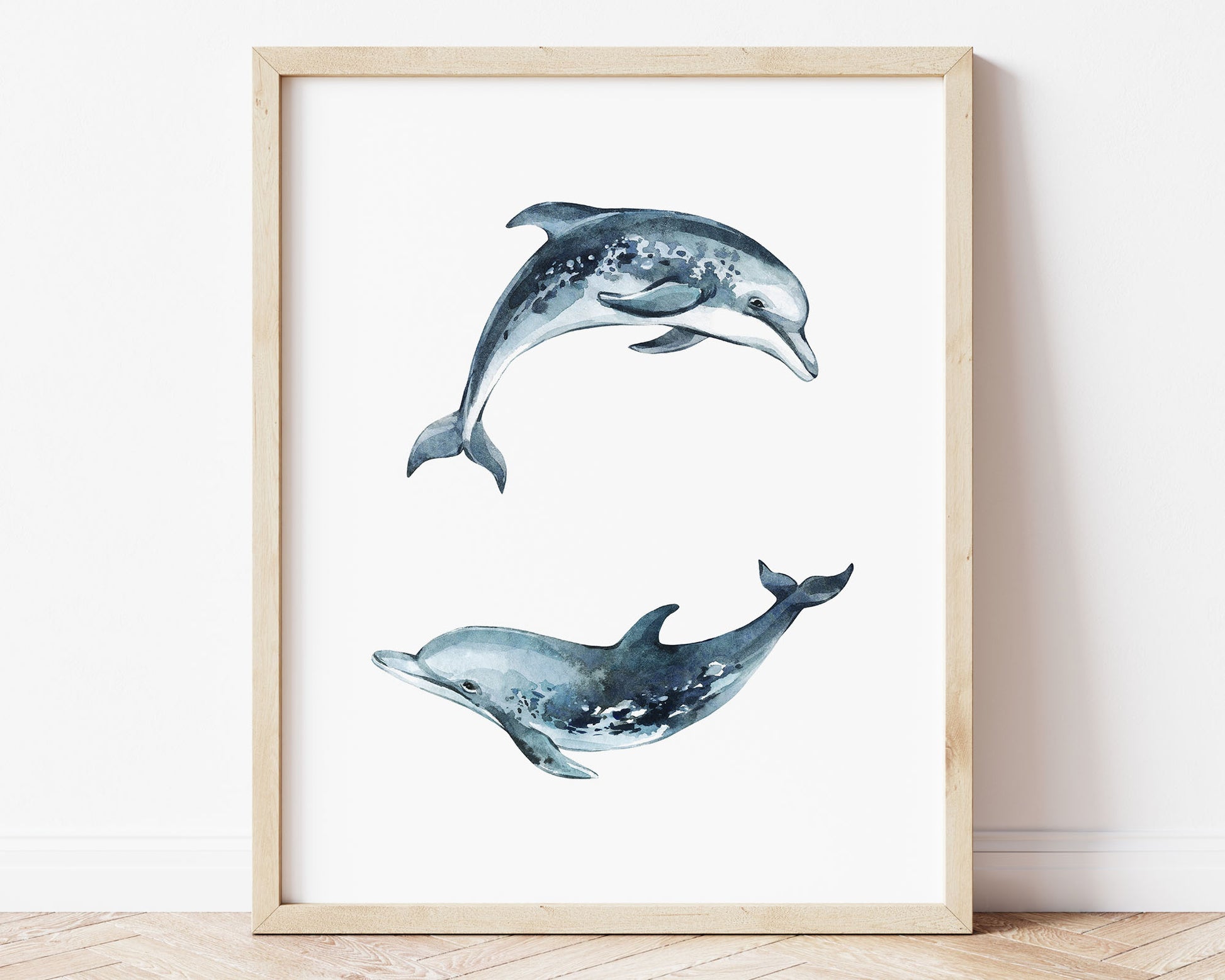 Watercolor Dolphin Printable Wall Art featuring deep dark navy blue watercolor dolphins illustration. Perfect for Baby Boy Ocean Nursery Decor, Baby Girl Coastal Nursery Wall Art or Nautical Kids Room Decor.