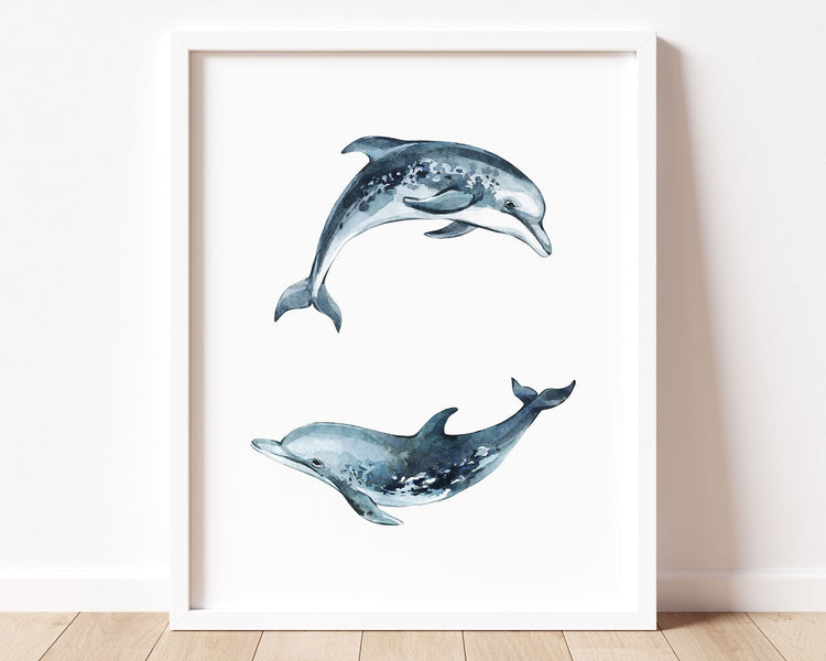 Watercolor Dolphin Printable Wall Art featuring deep dark navy blue watercolor dolphins illustration. Perfect for Baby Boy Ocean Nursery Decor, Baby Girl Coastal Nursery Wall Art or Nautical Kids Room Decor.