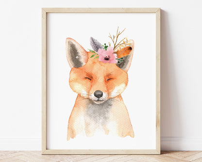 Watercolor Flower Crown Baby Fox Printable Wall Art, Digital Download