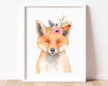 Watercolor Flower Crown Baby Fox Printable Wall Art, Digital Download