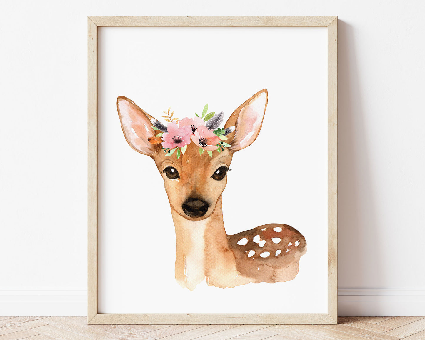 Watercolor Flower Crown Deer Printable Wall Art, Digital Download