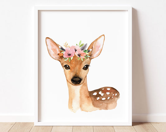 Watercolor Flower Crown Deer Printable Wall Art, Digital Download