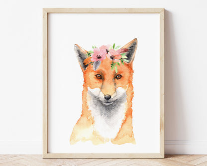 Watercolor Flower Crown Fox Printable Wall Art, Digital Download