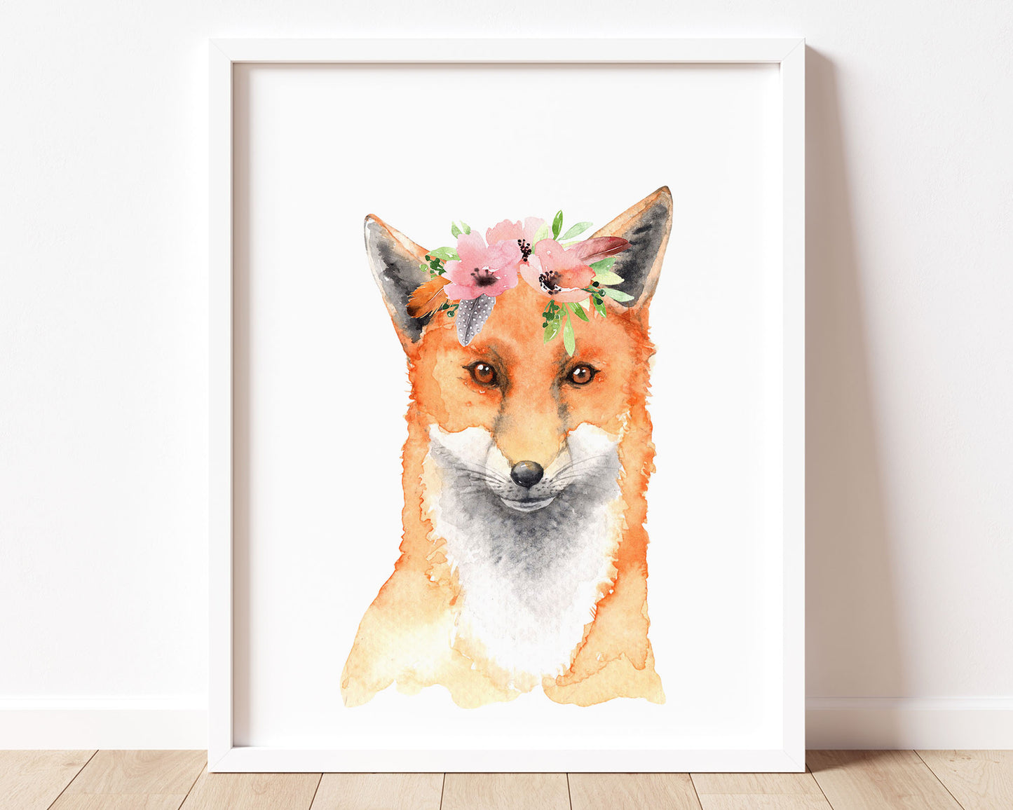 Watercolor Flower Crown Fox Printable Wall Art, Digital Download