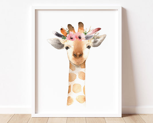 Watercolor Flower Crown Giraffe Printable Wall Art, Digital Download