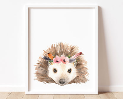 Watercolor Flower Crown Hedgehog Printable Wall Art, Digital Download