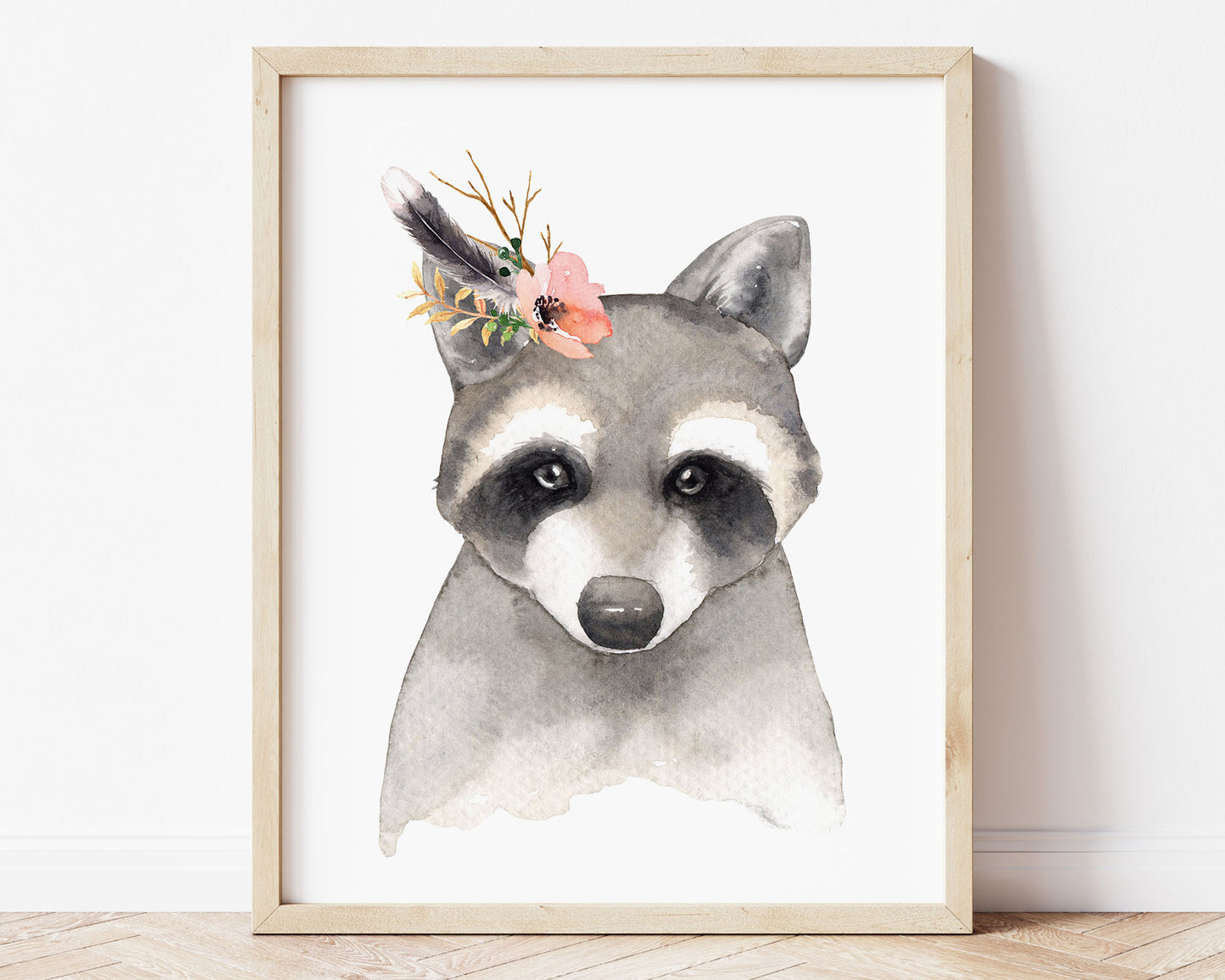 Watercolor Flower Crown Raccoon Printable Wall Art, Digital Download