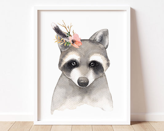 Watercolor Flower Crown Raccoon Printable Wall Art, Digital Download