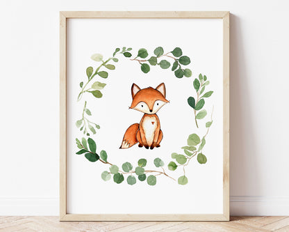 Watercolor Greenery Wreath Fox Printable Wall Art, Digital Download