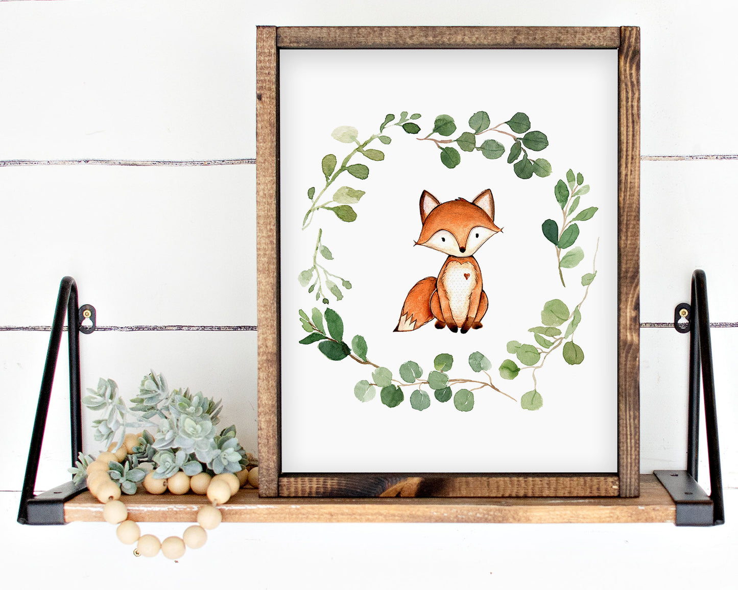 Watercolor Greenery Wreath Fox Printable Wall Art, Digital Download