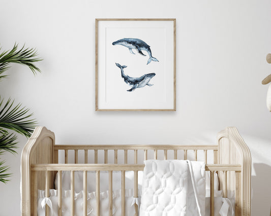 Watercolor Humpback Whale Printable Wall Art featuring deep dark navy blue watercolor humpback whale illustrations. Perfect for Baby Boy Ocean Nursery Decor, Baby Girl Coastal Nursery Wall Art or Nautical Kids Room Decor.