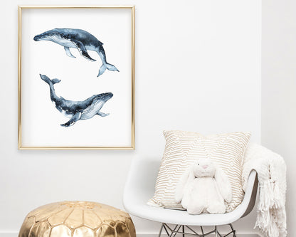 Watercolor Humpback Whale Printable Wall Art featuring deep dark navy blue watercolor humpback whale illustrations. Perfect for Baby Boy Ocean Nursery Decor, Baby Girl Coastal Nursery Wall Art or Nautical Kids Room Decor.