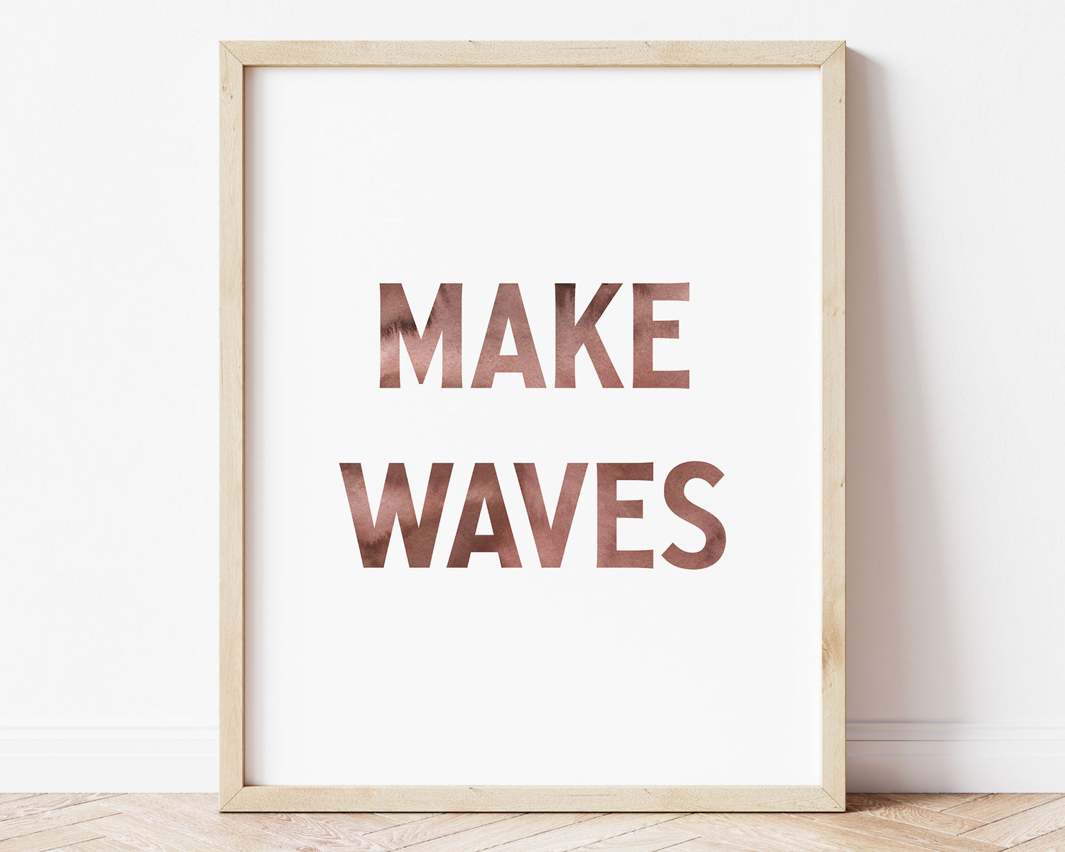 Watercolor Make Waves Printable Wall Art featuring red-brown watercolor letters. Perfect for Baby Boy Nautical Nursery Decor, Baby Girl Surf Nursery Wall Art, Nautical Kids Bedroom Decor or Children's Coastal Bathroom Wall Art.