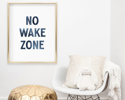 Watercolor No Wake Zone Printable Wall Art featuring deep dark navy blue watercolor letters. Perfect for Baby Boy Nautical Nursery Decor, Baby Girl Surf Nursery Wall Art, Nautical Kids Bedroom Decor or Children's Coastal Bathroom Wall Art. 