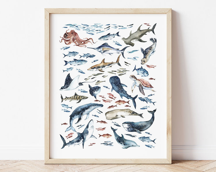 Watercolor Ocean Life Printable Wall Art featuring sharks, whales, dolphin, octopus, swordfish, seal, sea turtle, stingray, fish and so much more! Perfect for Baby Boy Coastal Nursery Decor, Baby Girl Nautical Nursery Wall Art or Ocean Kids Room Decor.