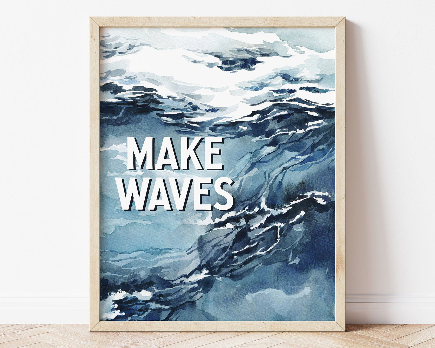 Watercolor Make Waves Quote Printable Wall Art featuring a beautiful watercolor ocean illustration. Perfect for Baby Boy Nautical Nursery Decor, Baby Girl Surf Nursery Wall Art, Nautical Kids Bedroom Decor or Children's Coastal Bathroom Wall Art.