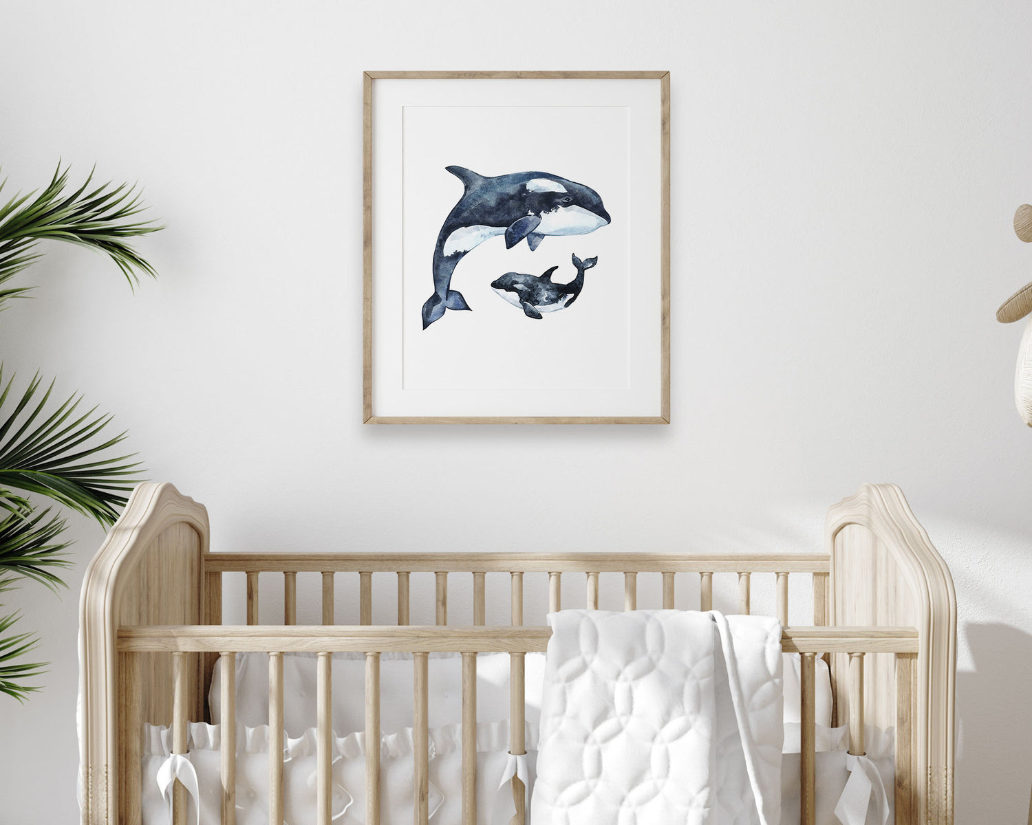 Watercolor Orca Whale Printable Wall Art featuring deep dark navy blue and black watercolor orca whale illustrations. Perfect for Baby Boy Ocean Nursery Decor, Baby Girl Coastal Nursery Wall Art or Nautical Kids Room Decor.